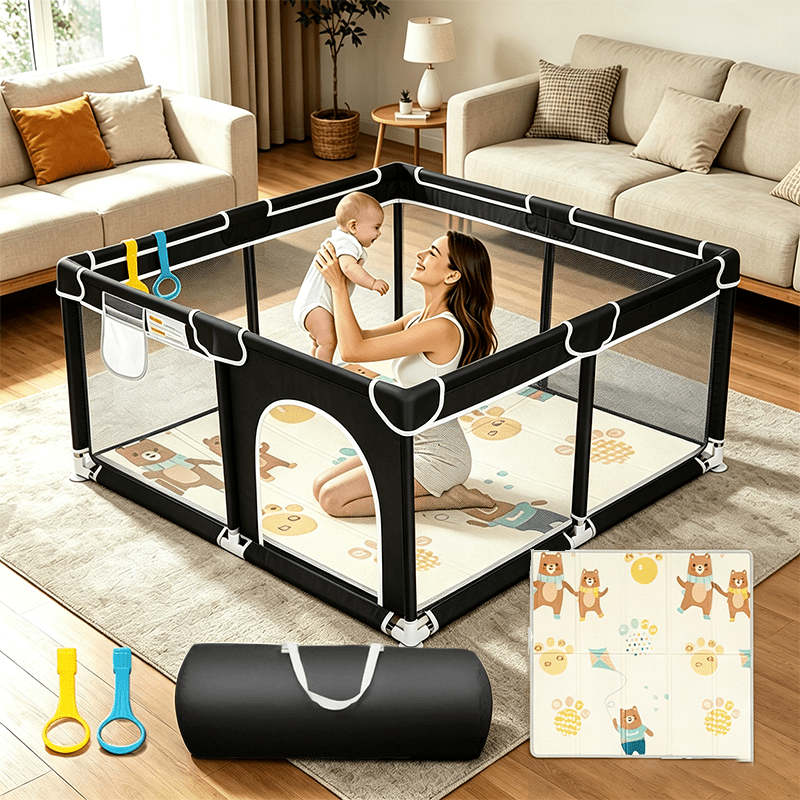 Extra Large Baby Playpen Indoor & Outdoor Kids Activity Center Breathable Mesh Anti-Slip Skin-Friendly Toddler Play Yard – Black & Pink