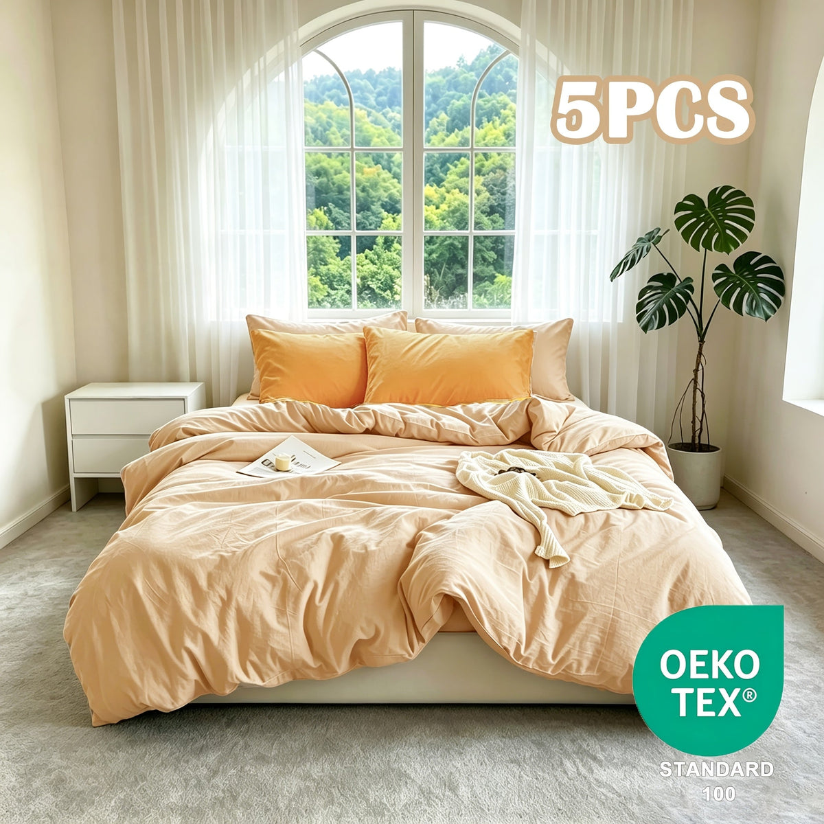 Washed Microfiber Duvet Cover Set 5-Piece, 1 Duvet Cover + 4 Pillowcases, Zipper Closure & Corner Ties, Soft Breathable Bedding Set for Home School Guest Room, No Insert, Multiple Sizes & Colors