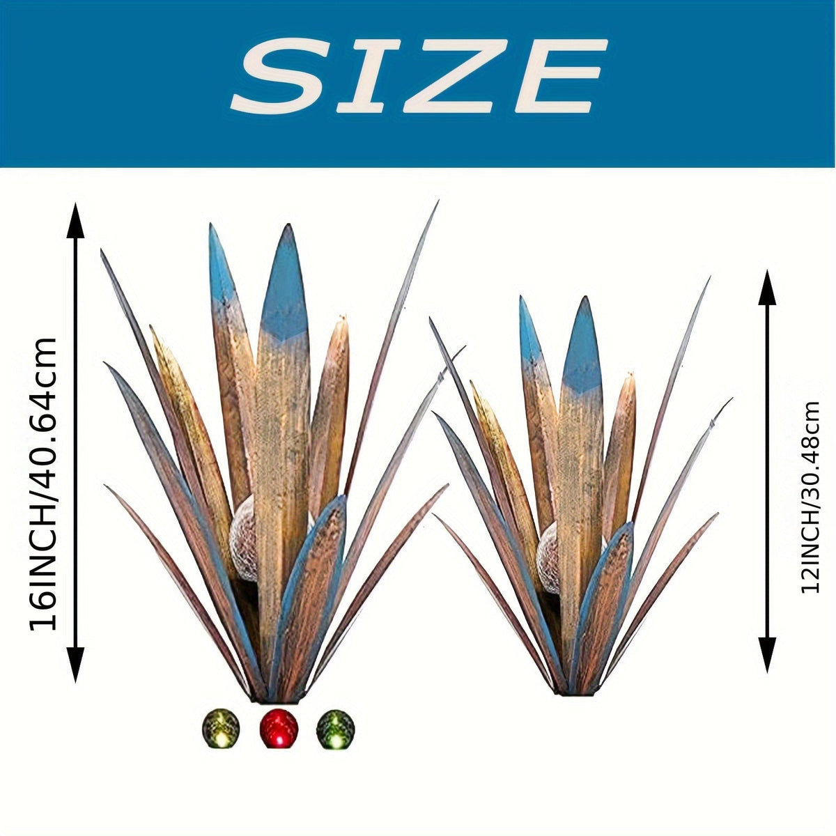 Solar Agave Stake Lights Outdoor Set of 2 Large and Small Metal Garden Pathway Lawn Courtyard Decor Plant Sculpture Light Bronze Green Orange Deep Red Sapphire Blue Hummingbird Butterfly