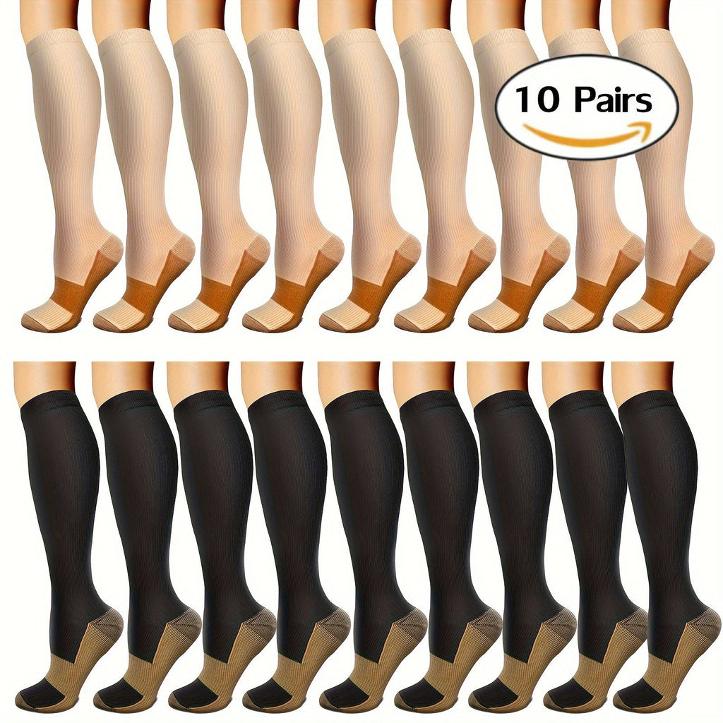 Copper Compression Socks 10 Pairs for Women & Men – Knee High Circulation Support Socks for Running, Cycling, Climbing, Athletic, and Daily Wear, S M L XL XXL, Black/Nude