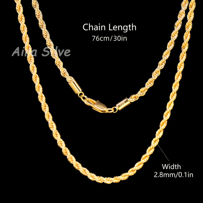 925 Sterling Silver 18K Gold Plated Rope Chain Necklace, 2.8mm Braided Cut Chain for Men and Women, Unisex Minimalist Necklace, Sizes 18 to 34 Inches, with Gift Box, Anniversary, Birthday, Holiday Gift