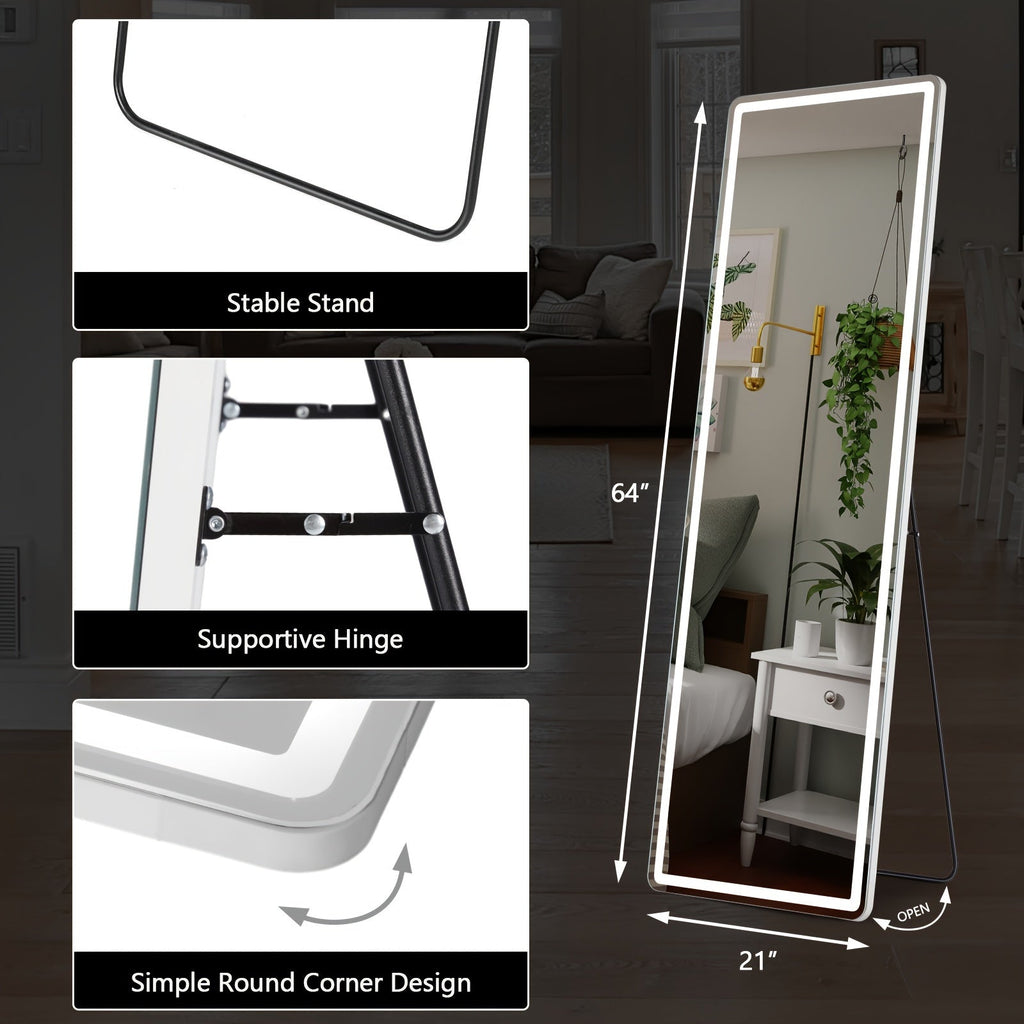 LED Full Length Mirror 64"x21" with Lights, Floor Standing Wall Mirror, Dimmable 3-Color Lighting, Aluminum Alloy Thin Frame, Lighted Body Mirror for Bedroom Dressing Room Makeup, Modern Decor