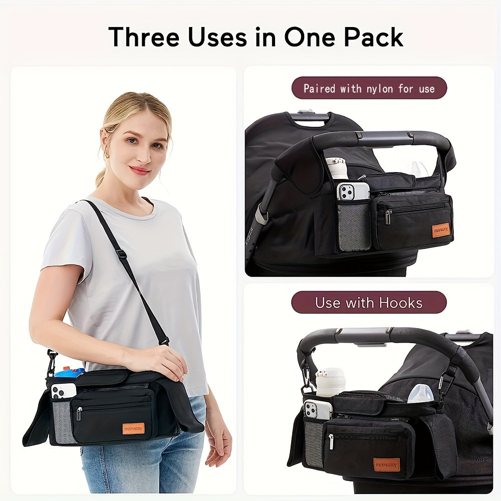 Universal Stroller Organizer with Insulated Cup Holder Detachable Phone Pouch Shoulder Strap Plaid Pattern – Fits UPPAbaby Britax BOB Umbrella Pet Strollers Black