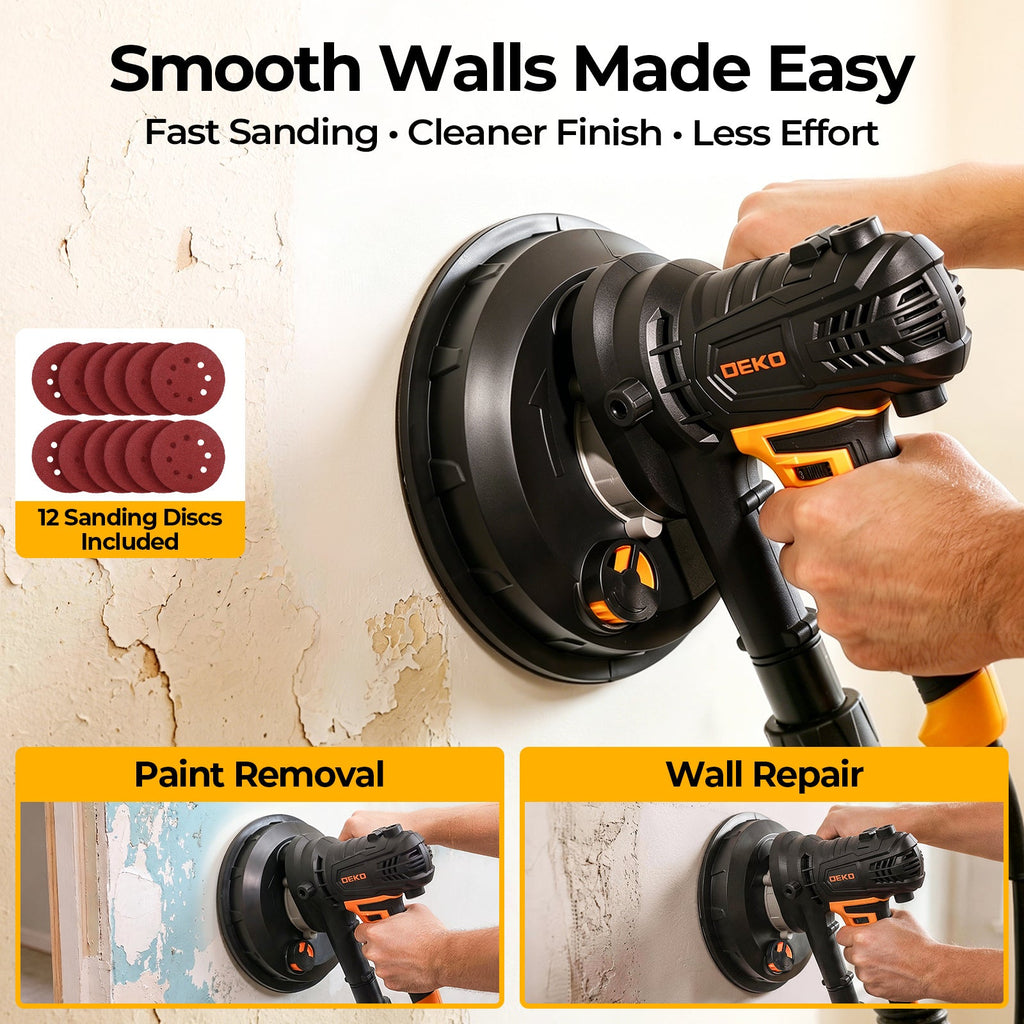 7.5Amp Drywall Sander 900W, Variable Speed 1400-2700RPM, 175mm Sanding Pad, Dust Collection Bag & Hose, 12 Sanding Discs Included, for Wall Ceiling Paint Removal & Finishing