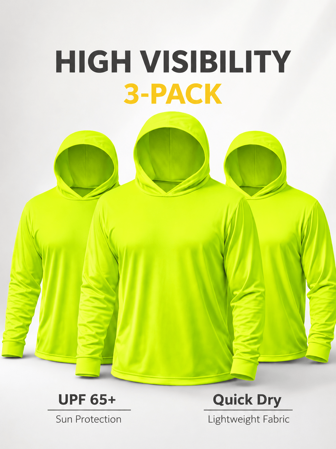Men's UPF 50+ Sun Protection Hoodie Shirt 3-Pack, Long Sleeve Moisture-Wicking Quick-Dry Breathable Outdoor Performance T-Shirt for Hiking, Fishing, and Running – Sizes S to XXXL, Fluorescent Yellow