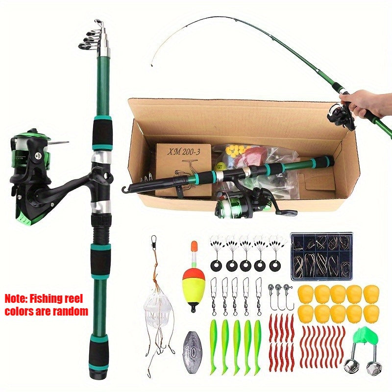 Complete Fishing Tackle Set with Rod, Reel, Line, Soft Baits, and Hooks, Fast Action, Ambidextrous, for Freshwater and Saltwater Fishing - Beginner Angler Outdoor Gift, Blue/Green