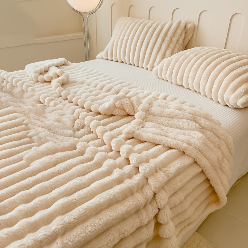 Solid Color Thick Wide-Striped Plush Blanket - Multifunctional Bed Cover, Nap & Pet Blanket - Quick-Warming Autumn & Winter - 4 Sizes - Blue Grey, Pink, Grey, Off White, Olive, Fruit Green & Coffee