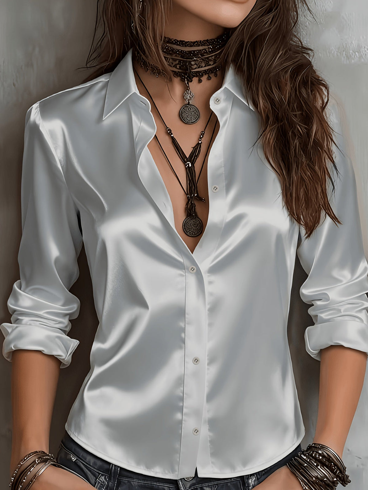 Women's Satin Shirt Elegant Commuter Blouse All-Season Sophisticated Button-Down Top Silky Smooth Office Work Casual Wear S M L XL XXL