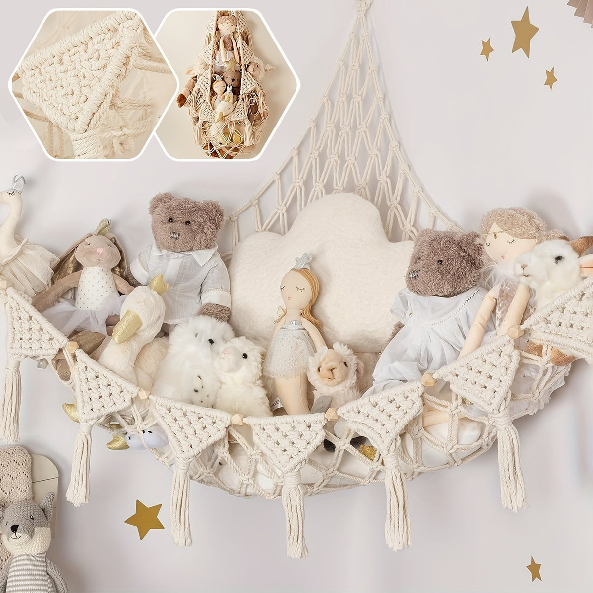 Macrame Stuffed Animal Storage Hammock, Jumbo Corner Hanging Plushie Net Organizer for Kids Nursery & Bedroom Decor, 9 Colors Including White Gray Pink Black & Rainbow