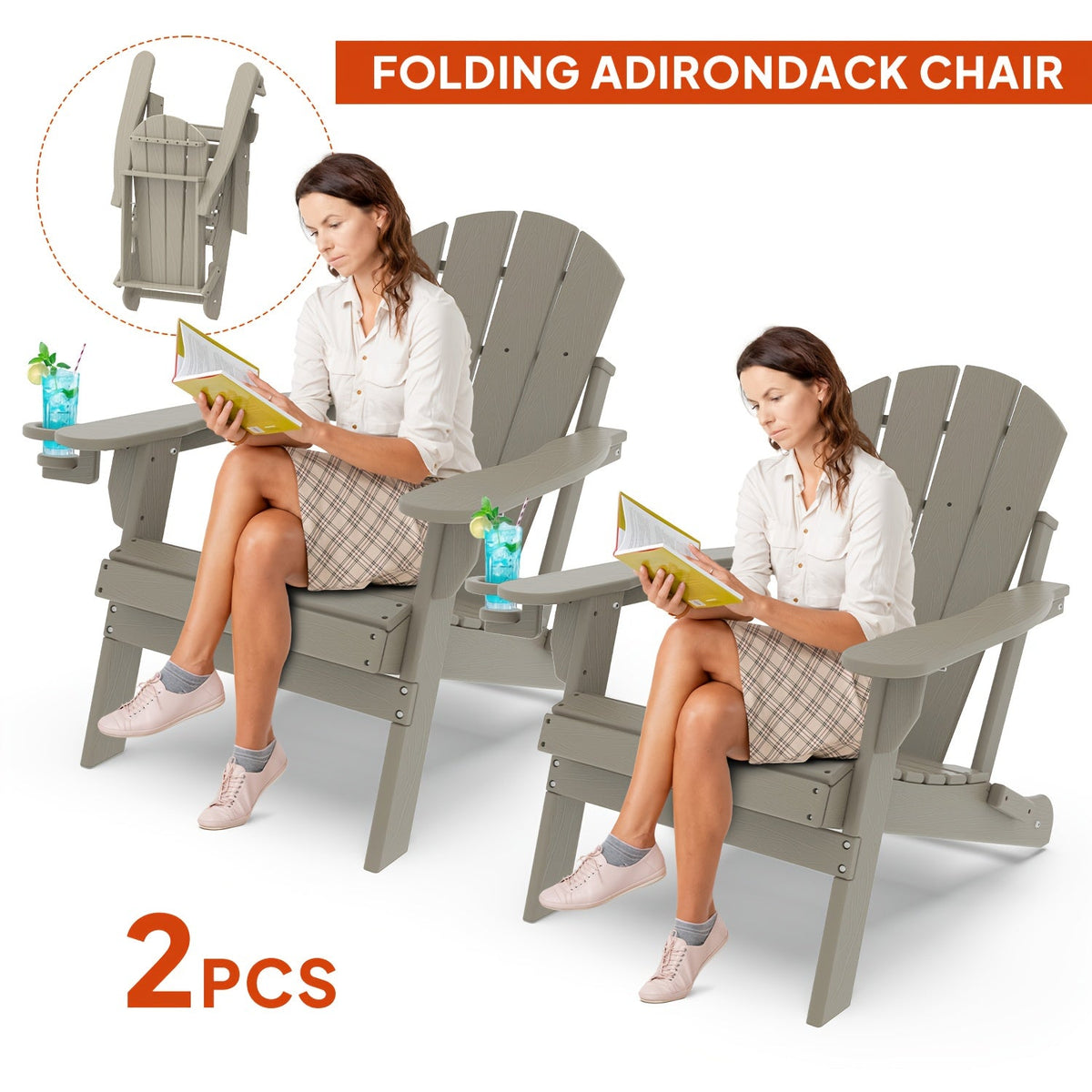 Folding Adirondack Chair with Cup Holder Portable Recliner Stainless Steel Frame Durable Plastic Easy Clean for Patio Poolside Garden Camping Set of 1 2 4 6