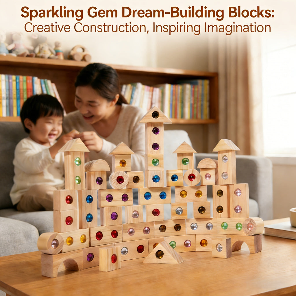 Wooden Sensory Building Blocks with Colorful Rhinestones, 32pc/50pc Educational Stacking Toys for Toddlers 18M+, Fine Motor Skills & Imaginative Play, Birthday & Christmas Gift