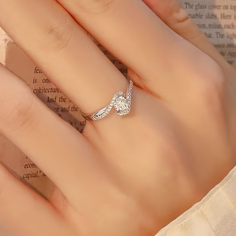 925 Sterling Silver Four-Prong Twisted Cubic Zirconia Engagement Ring – Hollow Spiral Band with CZ Inlay, Sizes 6-10, Valentine's Day Promise Ring Gift for Women