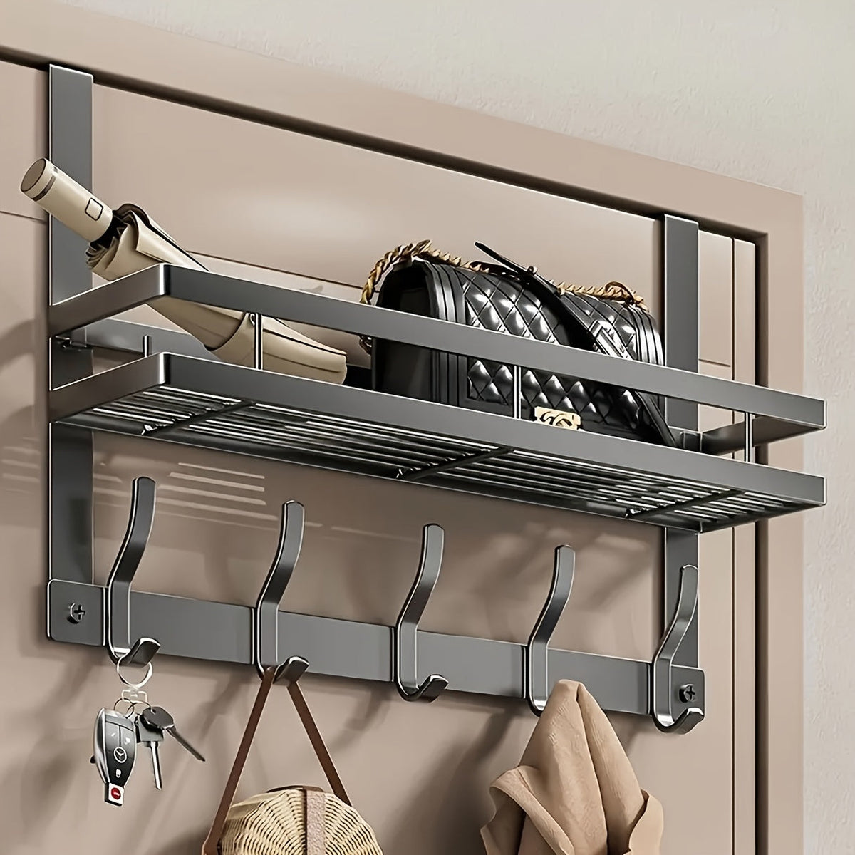 Over-the-Door Storage Rack with Hooks, Heavy-Duty Metal Organizer for Bedroom, Bathroom, Kitchen, and Closet Door, No Tools Required, 4 to 8 Hooks
