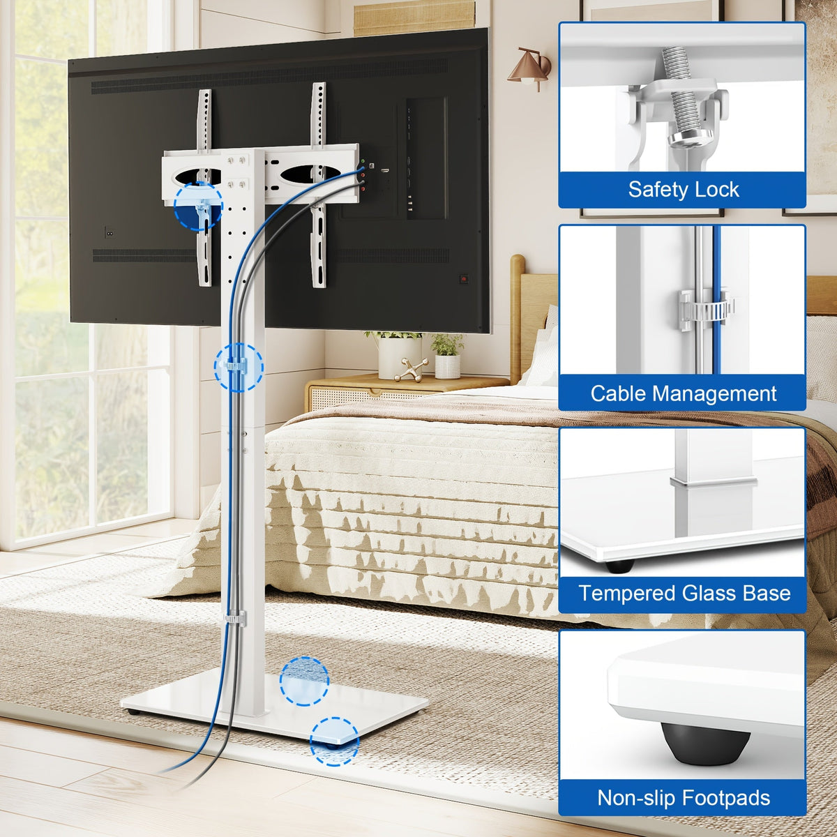 Freestanding Tempered Glass TV Stand 32–75 In 88 Lbs Universal VESA Height Adjustable 44.4–54.6 In 30° Swivel 8mm Glass Base Cable Management – White