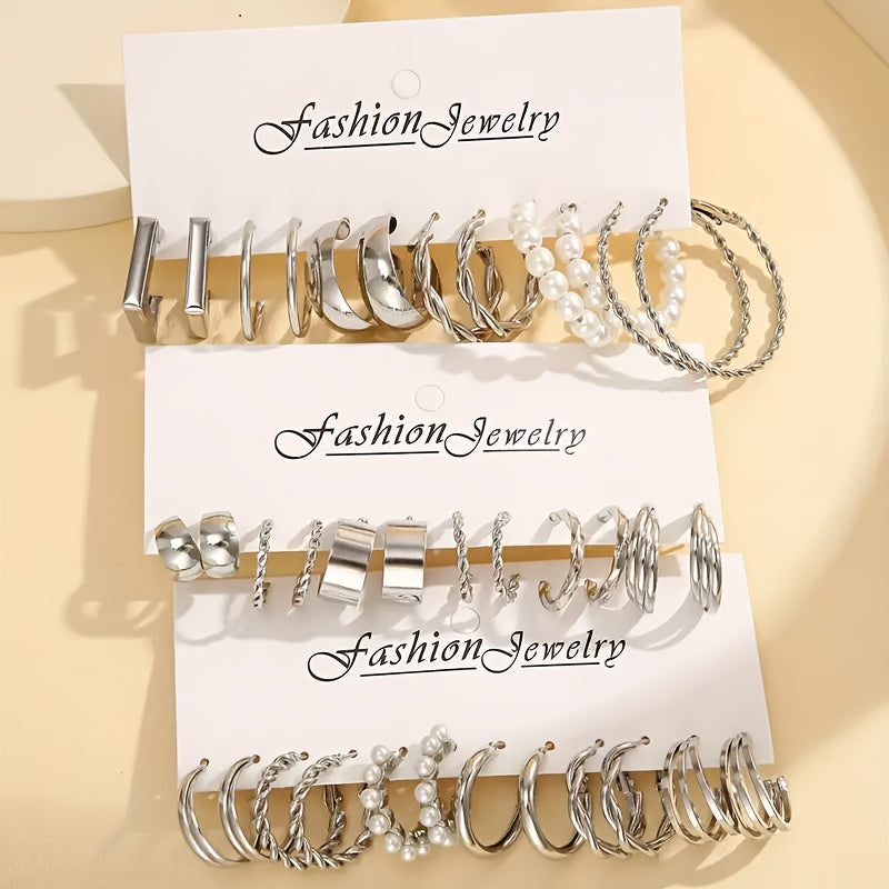 24 Pairs Fashion Alloy Earrings Set for Women – Zinc Alloy with Stainless Steel Studs, Hypoallergenic, Everyday/Party/Holiday Jewelry Gift, Year-Round Styling