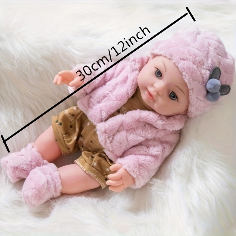 12-Inch Reborn Baby Doll with Pink Plush Outfit, Hat, Socks, and Pacifier, Realistic Newborn Soft Body Baby Doll Toy for Girls, Toddlers, Kids, Birthday, Christmas, Holiday Gift