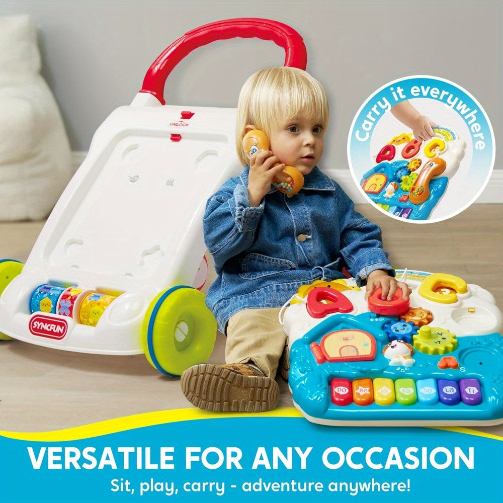 2-in-1 Baby Sit to Stand Learning Walker Push Walker with Wheels Detachable Play Panel Piano Lights & Sounds Adjustable Speed for Infant Boys & Girls