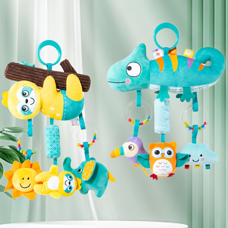 Baby Hanging Toy Wind Chime Pendant, Cute Animal Crib & Car Seat Hanging Decoration Bell for Newborns, Stroller & Bedside Sensory Toy, Blue Chameleon & Yellow Squirrel