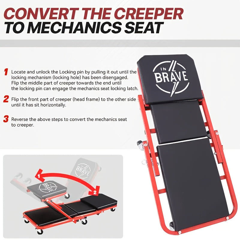 36-Inch Heavy-Duty 3-in-1 Folding Mechanic Creeper with Adjustable Z-Seat - 6 Lockable Swivel Casters, 350-650 Lb Capacity, Vinyl Padded Seat & Headrest, Professional Automotive Repair Crawler