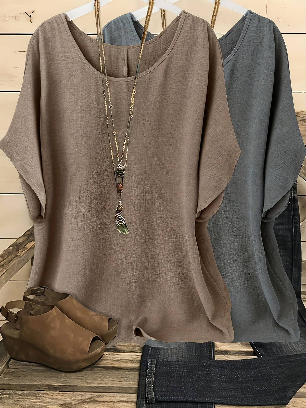 Women's Batwing Sleeve Shirt 2-Piece Set, Casual Vacation Round Neck Solid Color Loose Top, S-XXL, Multiple Colors | US Warehouse Fast Shipping