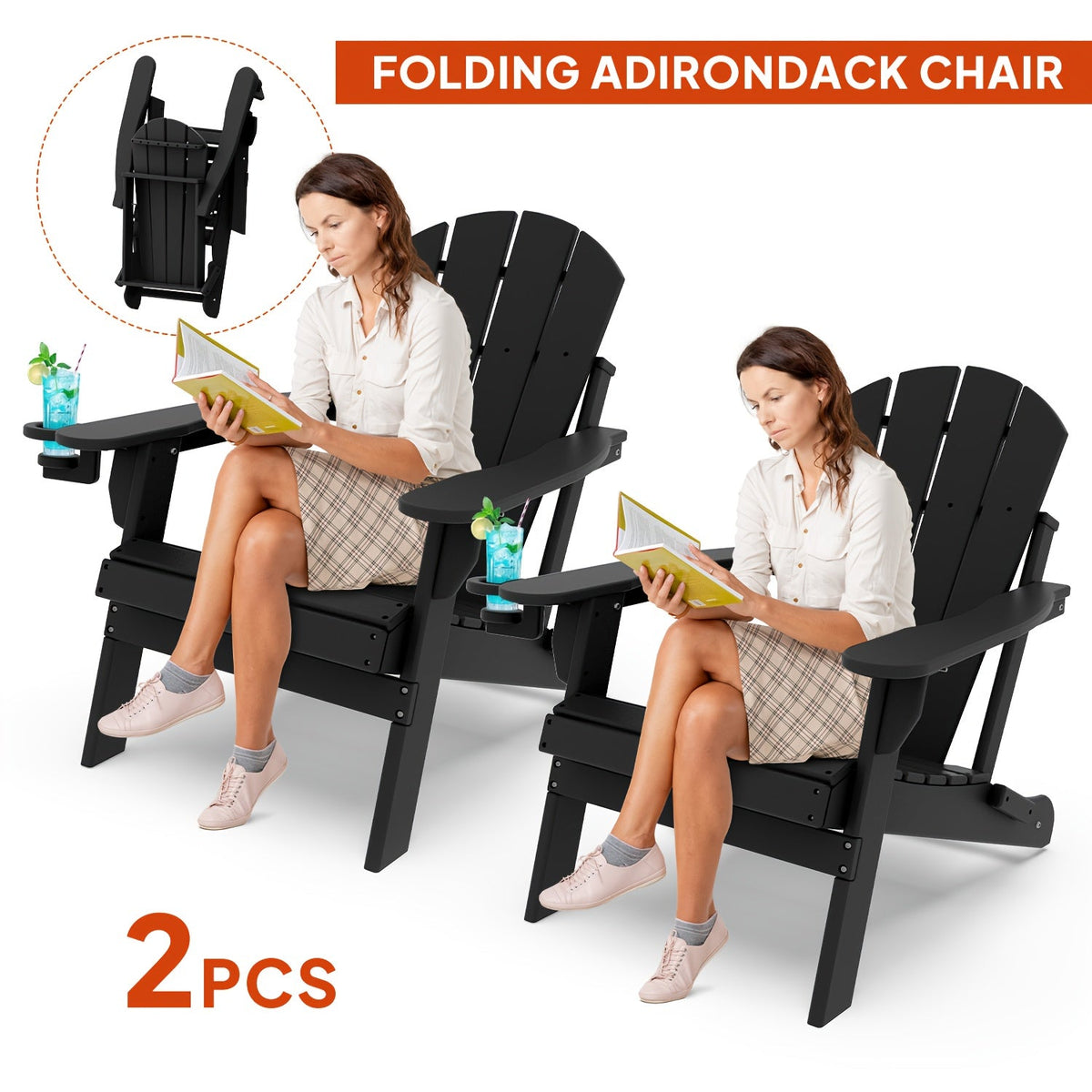 Folding Adirondack Chair with Cup Holder Portable Recliner Stainless Steel Frame Durable Plastic Easy Clean for Patio Poolside Garden Camping Set of 1 2 4 6
