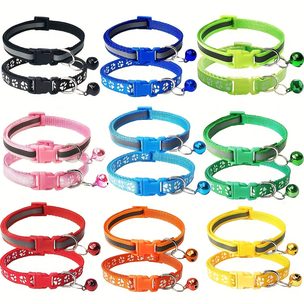 Reflective Pet Collar with Bell 2-Piece Set - Adjustable Striped Polyester Cat & Dog Collar with Paw Print Design, Safety Breakaway Buckle, 10 Colors for Small Dogs and Cats, One Size