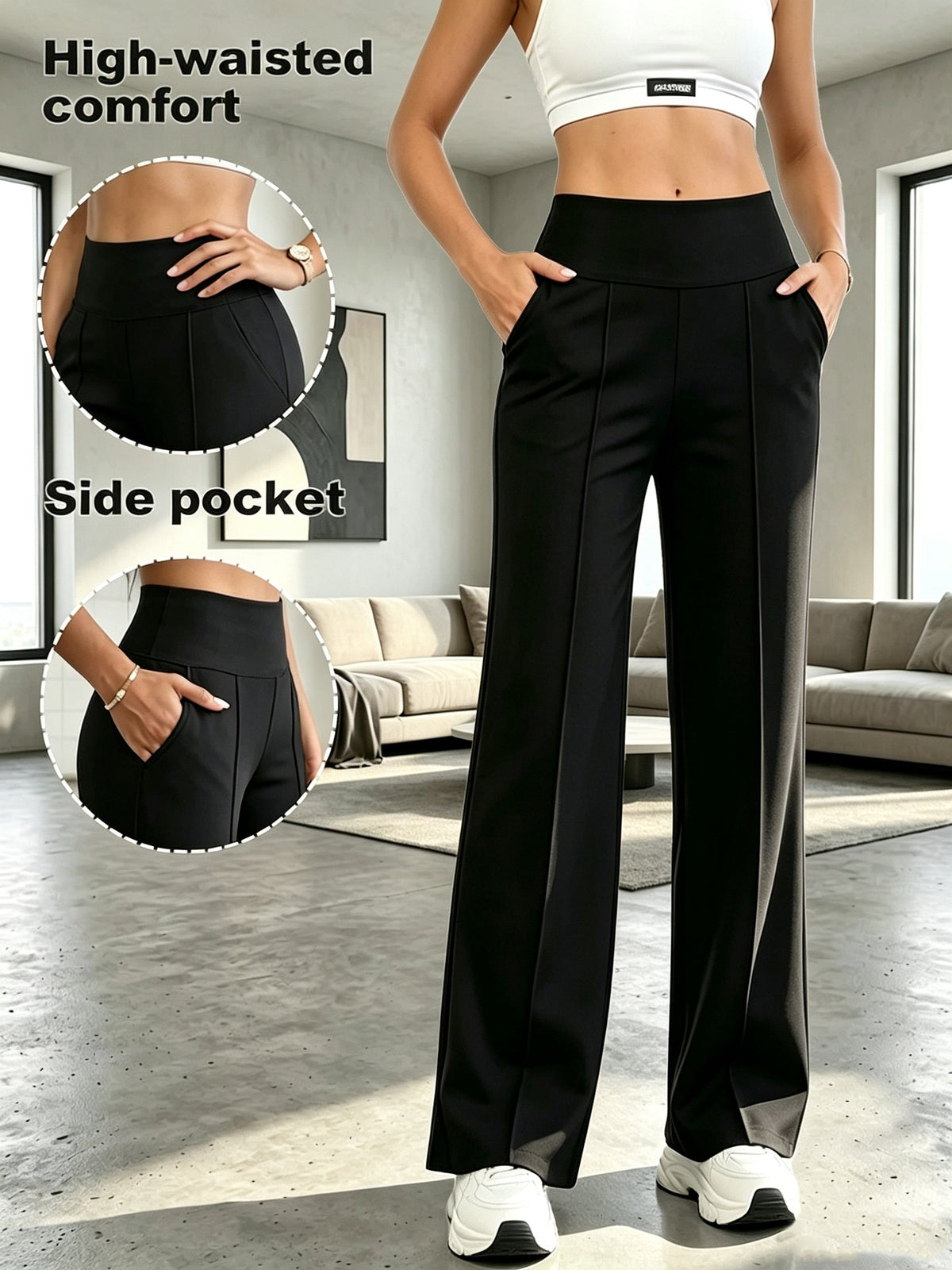 Women's High-Waist Tummy Control Wide-Leg Pants with Pockets - Flowy Straight-Leg Trousers, Soft Yoga Athletic Pants for Commuting and Casual Wear S M L XL