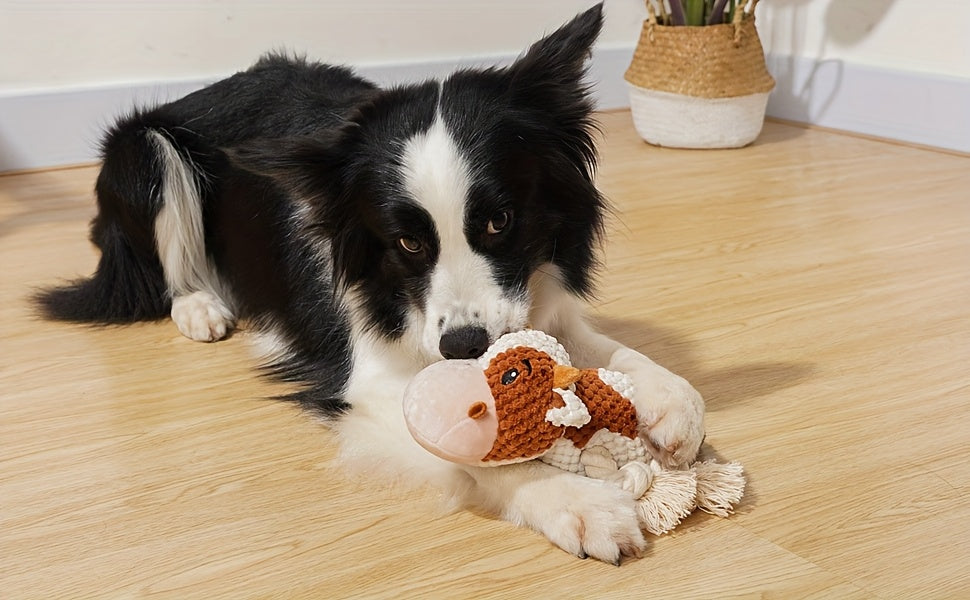 Squeaky Cow Dog Toy, Plush Interactive Tug-of-War with Crinkle Paper, IQ Training Chew Toy for Small, Medium, and Large Dogs, No Battery Needed, Anxiety Relief Pet Toy