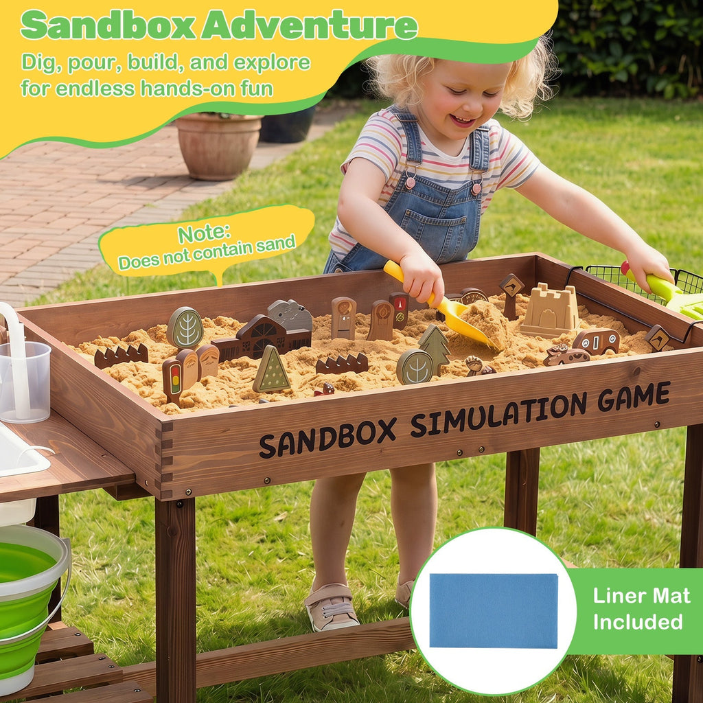 Kids Wood Sensory Sand and Water Activity Table with Sink Water Pump, 33 Sand Toys, Rake, Shovel - Indoor Outdoor Sandcastle Building Toddler Learning Sensory Play Gift for Boys Girls Ages 3+