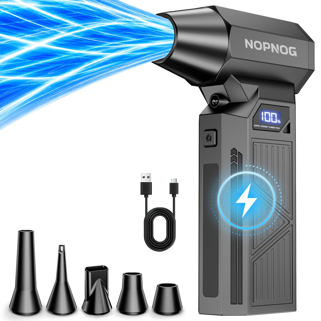 110,000 RPM Cordless Turbo Electric Air Duster – 4-Speed Smart Display 5 Nozzles & High-Capacity Battery for Computer Keyboard Car & Outdoor Cleaning in Black (with Optional Cleaning Kit)