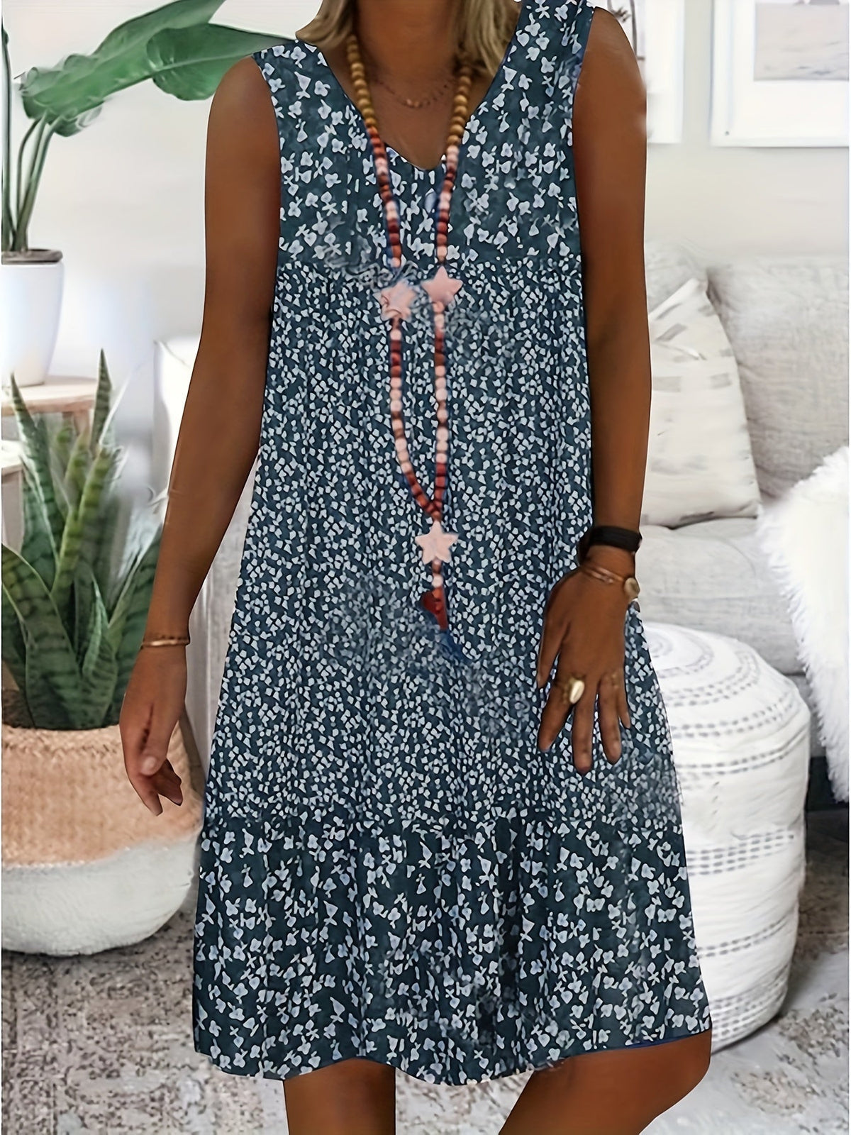 Women's V-Neck Sleeveless Summer Floral Print Casual Sundress, Loose Fit Beach Vacation Dress for Women S M L XL XXL