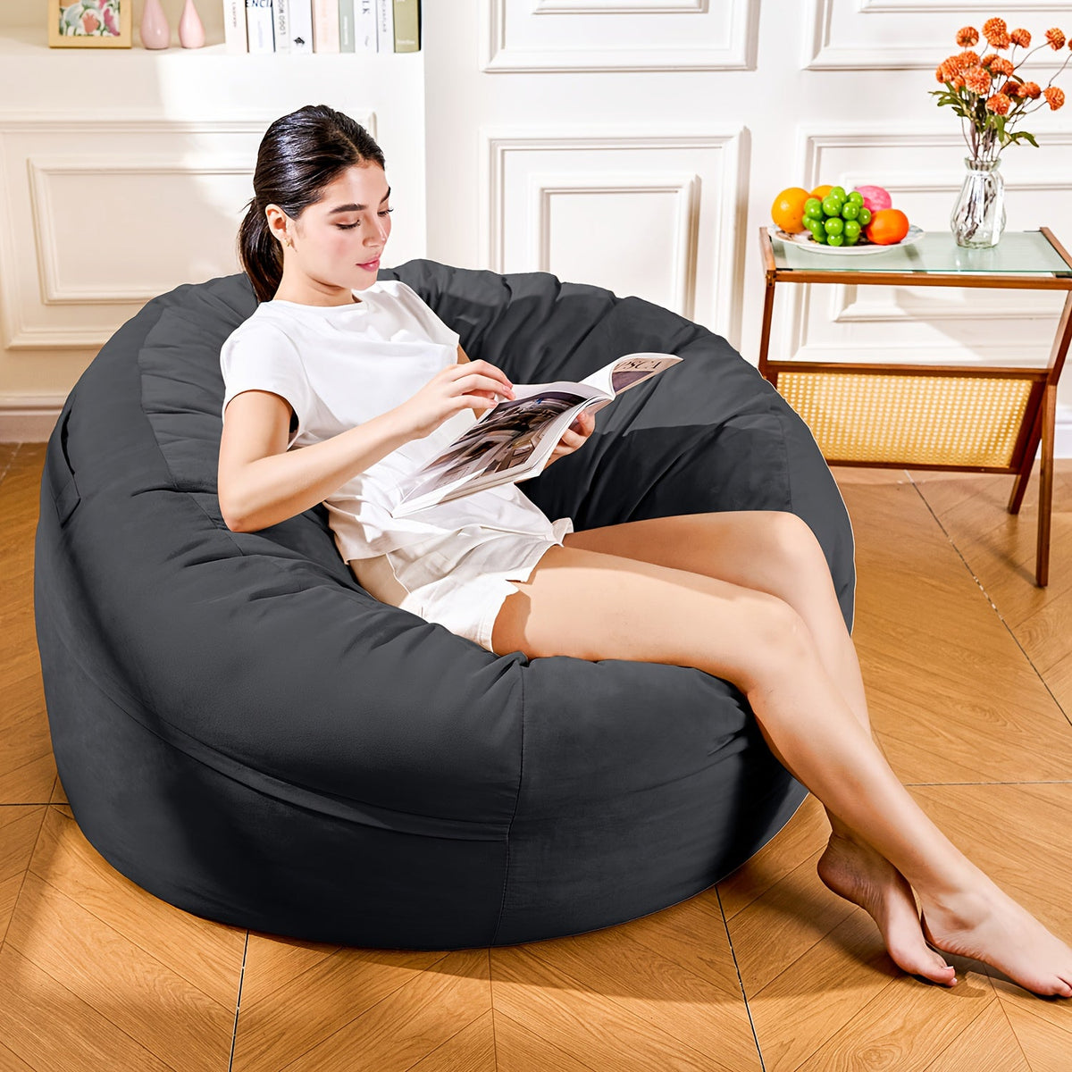 4ft Giant Memory Foam Bean Bag Chair for Adults Ultra Soft Lazy Sofa for Living Room & Bedroom – Grey Cream Blue Light Grey