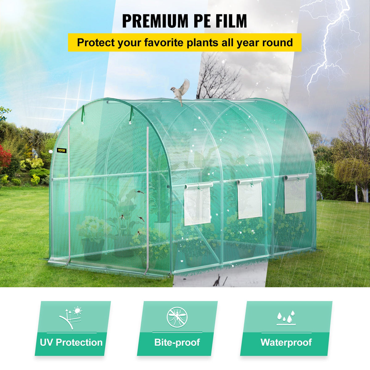 Walk-In Tunnel Greenhouse, 10x7x7 Ft, 0.8" Galvanized Steel Hoops, Top Beam & Diagonal Poles, Zippered Door, 6 Roll-Up Mesh Windows, Waterproof PE Cover, Stakes & Ropes Included, Green