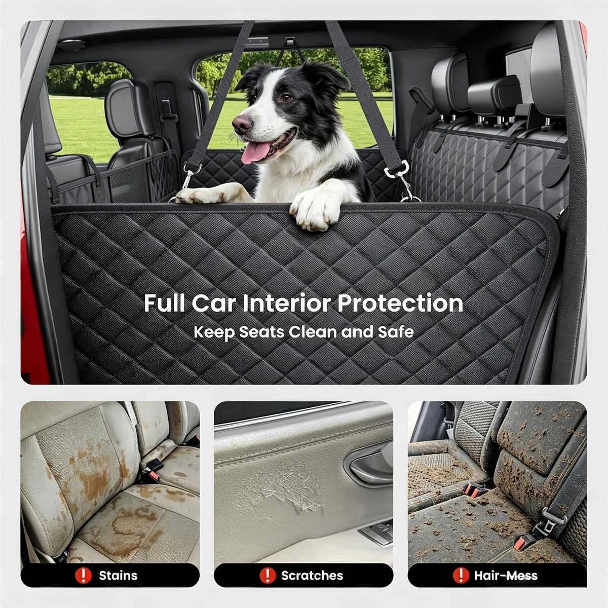 Dog Car Seat Cover with Hard Bottom Back Seat Extender, Holds 400 lbs – Dog Hammock Car Bed with Mesh Window & Storage Pockets for Cars, SUVs, Trucks, and All Breeds