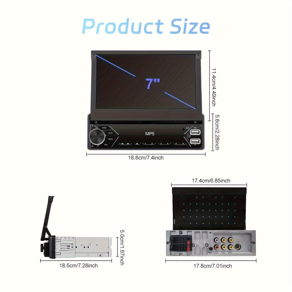 Single DIN Car Stereo 7-Inch HD Retractable Touchscreen – MP5 Player with Mirror Link, Bluetooth, FM Radio, USB, AUX, Colorful Backlight, 45W×4 Amplifier | Velora
