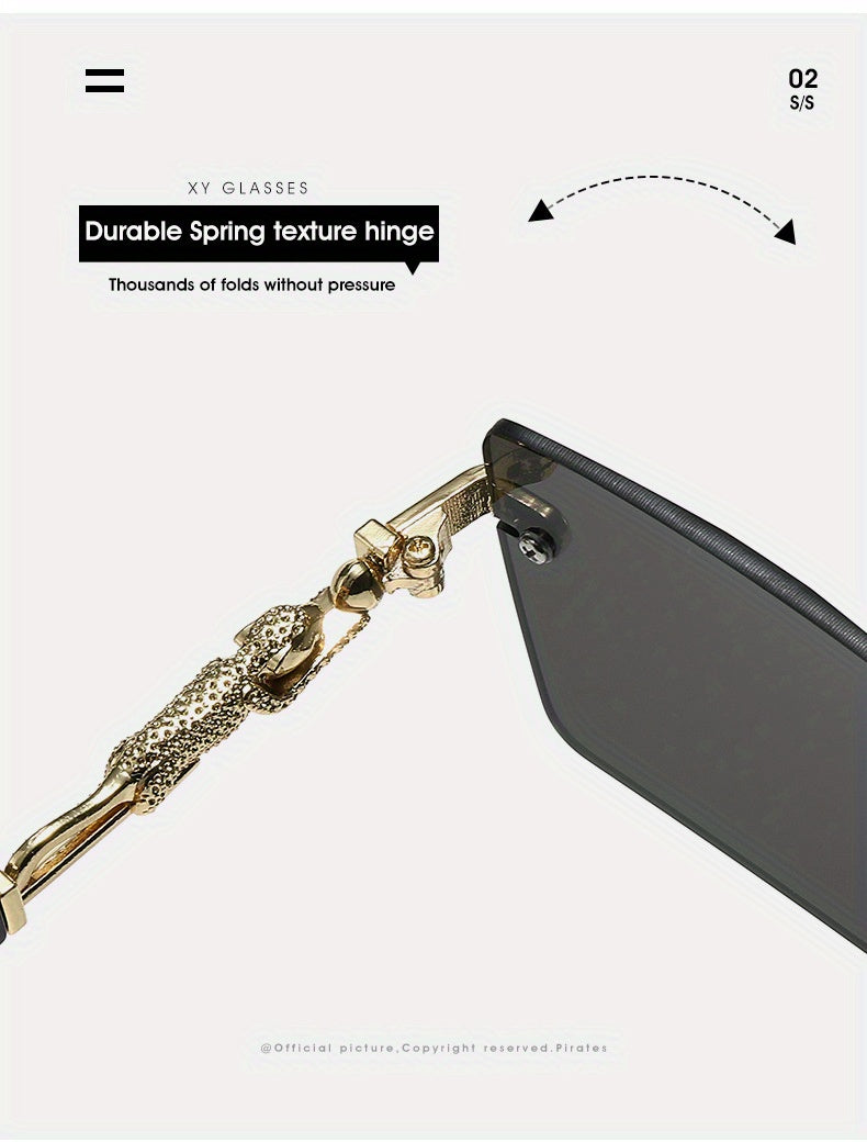 Unisex Rimless Leopard Sunglasses - UV400 Narrow Rectangular Frameless Shades in Black & Gold, Premium Fashion Eyewear for Men & Women, Includes Case & Cloth, Great for Parties, Travel & Festivals