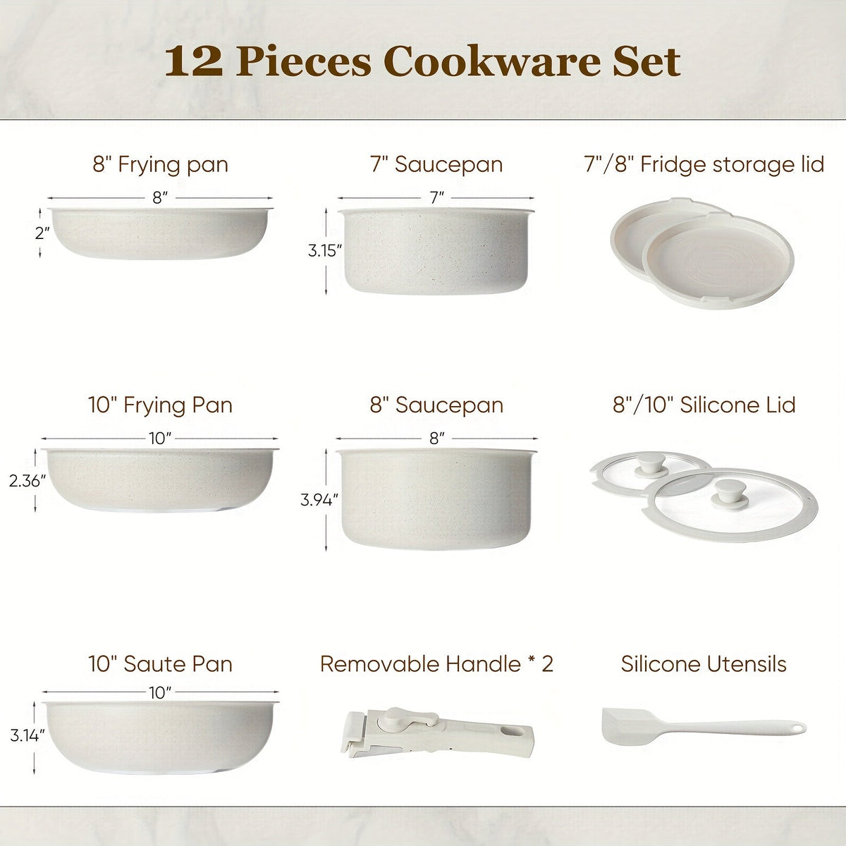 12-Piece Nonstick Ceramic Cookware Set – Induction Ready Frying Pans Saucepans Casserole Detachable Handle Oven Safe Stackable for Home RV & Kitchen in White