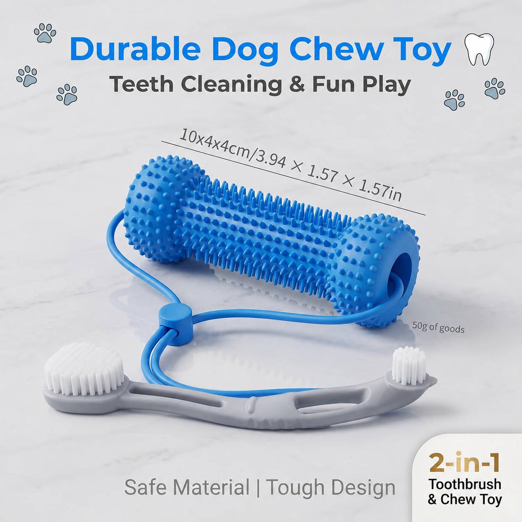 Dog Teething Chew Stick and Teeth Cleaning Brush Set 2-Pack - Durable Chewable Dog Toothbrush with Mouth-Open Strap for Easy Brushing, Dual-Purpose Dental Care Toy for Dogs, Random Color