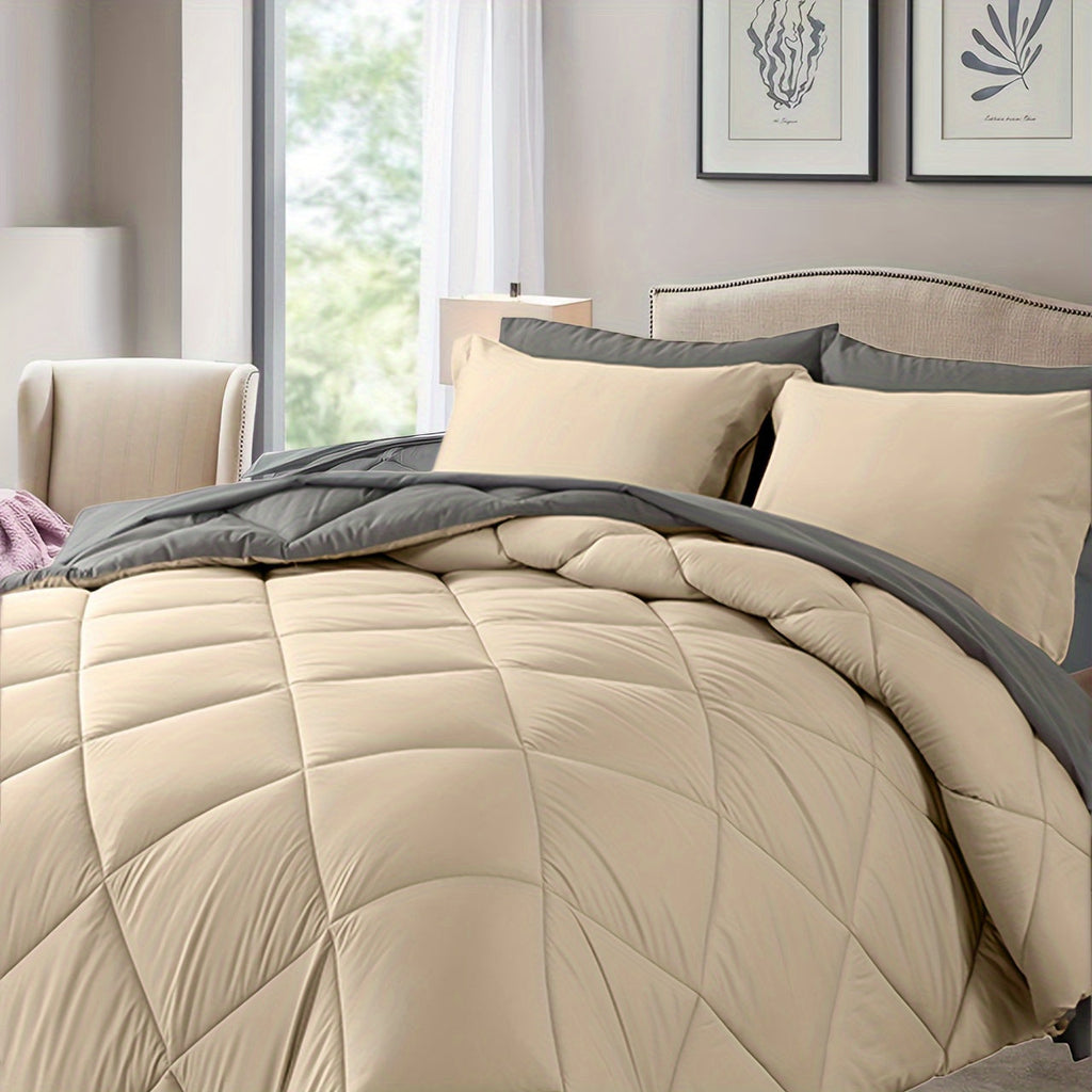 7-Piece Comforter Set, Queen/King Size – Soft Microfiber Pinch Pleated Bed-in-a-Bag with Comforter, Fitted Sheet, Flat Sheet & 4 Pillowcases, All-Season Bedding Set for Home & Dorm