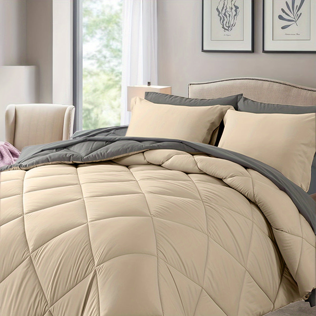 7-Piece Comforter Set, Queen/King Size – Soft Microfiber Pinch Pleated Bed-in-a-Bag with Comforter, Fitted Sheet, Flat Sheet & 4 Pillowcases, All-Season Bedding Set for Home & Dorm