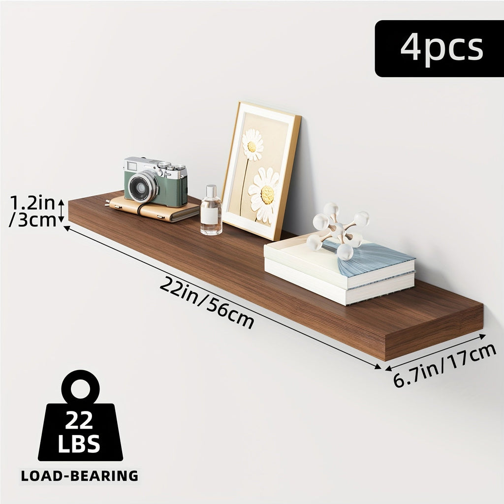 Floating Shelves 4-Pack - 22" Wall Shelves with Invisible Brackets for Bathroom, Living Room, Bedroom & Kitchen Decor - Walnut, Black, White & Light Brown