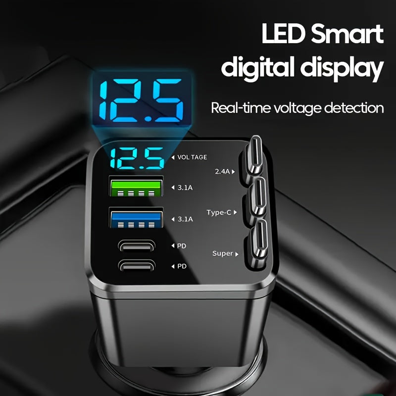7-in-1 Fast Car Charger with 3 Retractable Cables, LED Digital Display, and 180° Adjustable Universal Plug - Multi-Port Car Phone Charger for iPhone, Android, and USB-C