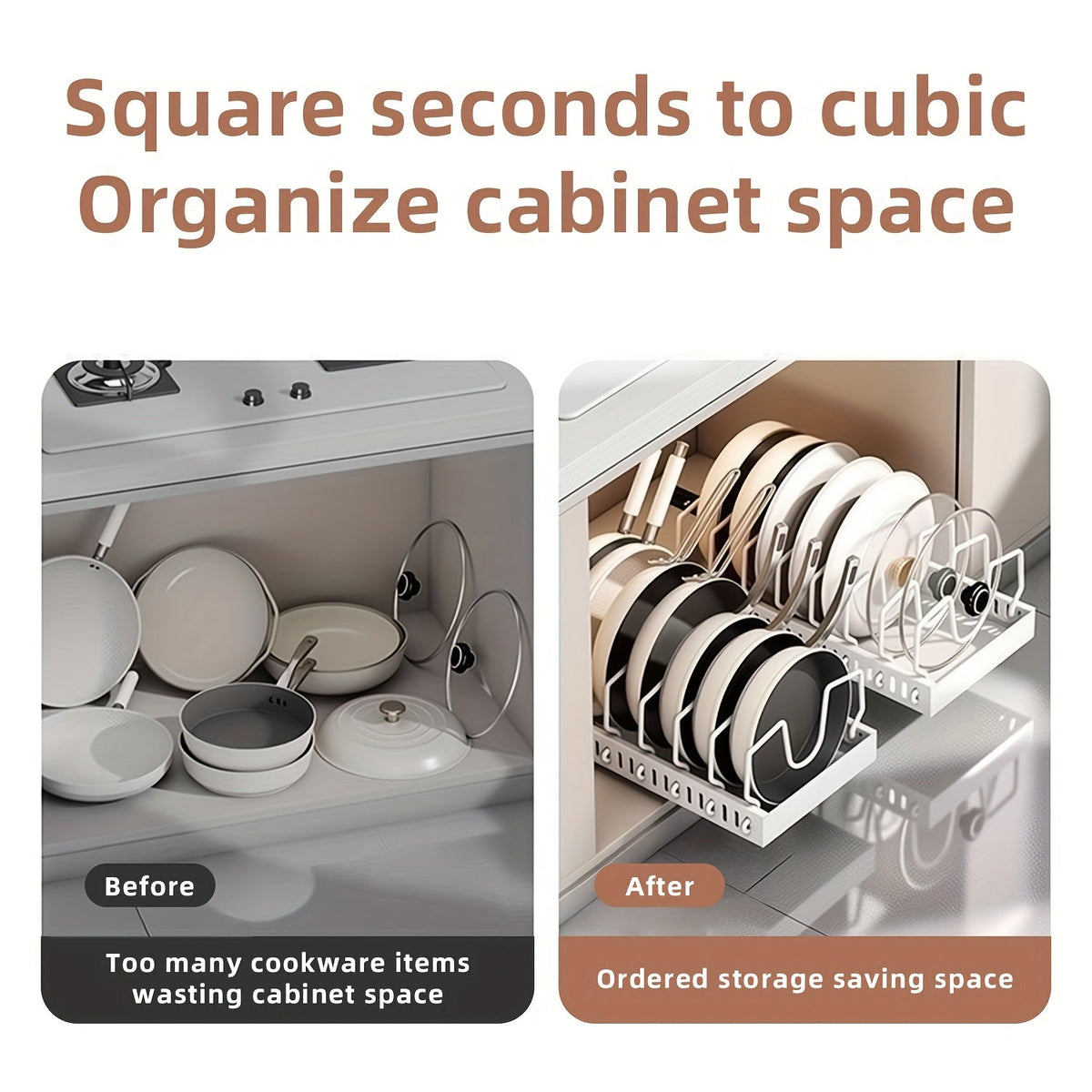 Pull-Out Pot & Pan Organizer Rack for Under Cabinet – Slide-Out Lid Holder with 8 Adjustable Compartments, Drill-Free Installation, Kitchen Cabinet Cookware & Baking Sheet Organizer – 1pc or 2pcs