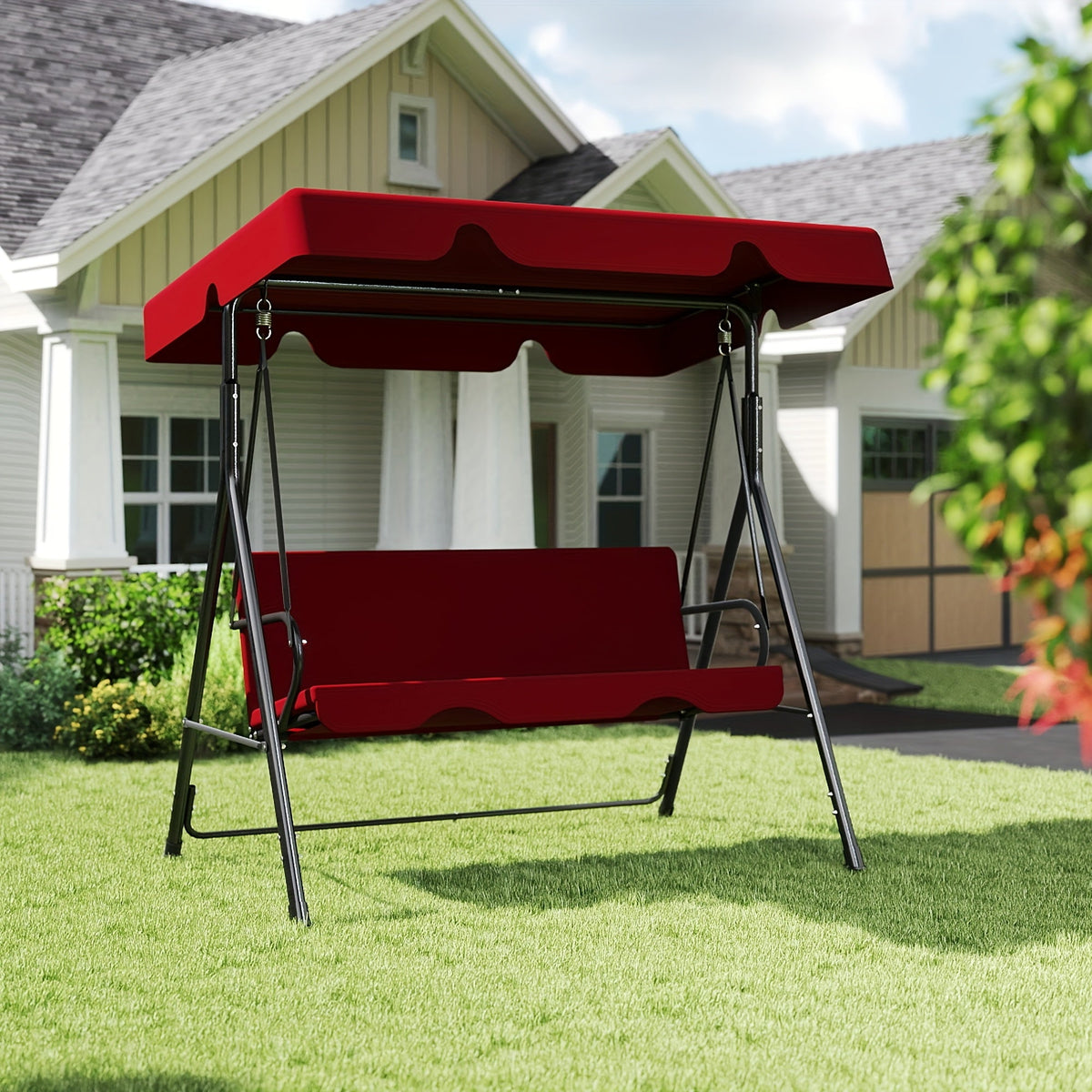 Outdoor Porch Swing Glider with Canopy & Adjustable Bracket, Heavy Duty Frame Patio Swing for Adults, Backyard Lawn Garden Furniture, Black Beige Coffee Brown Red Green Blue