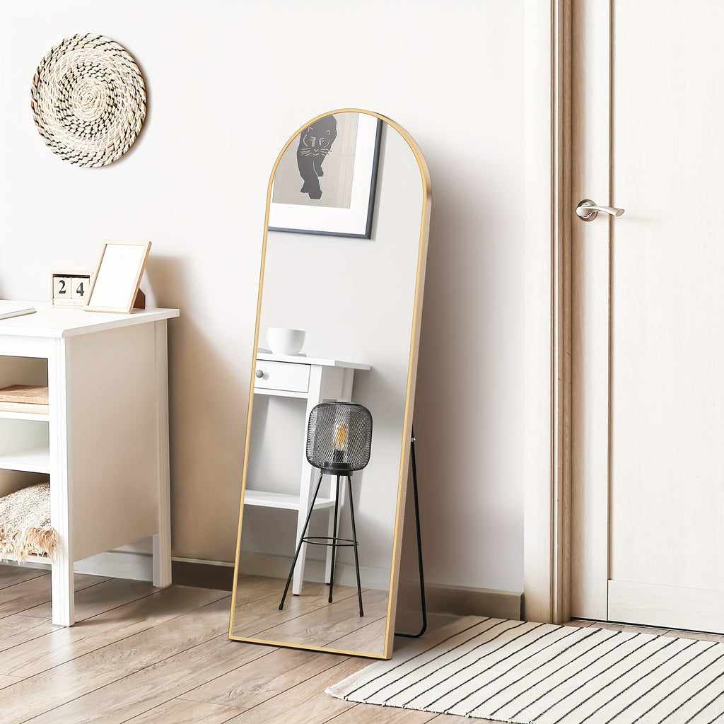 Arched Full Body Floor Mirror with Stand - 59×16in, Moisture & Shatter-Resistant Nano Glass, Vertical Grooming Mirror - Office & Home Decor - Golden