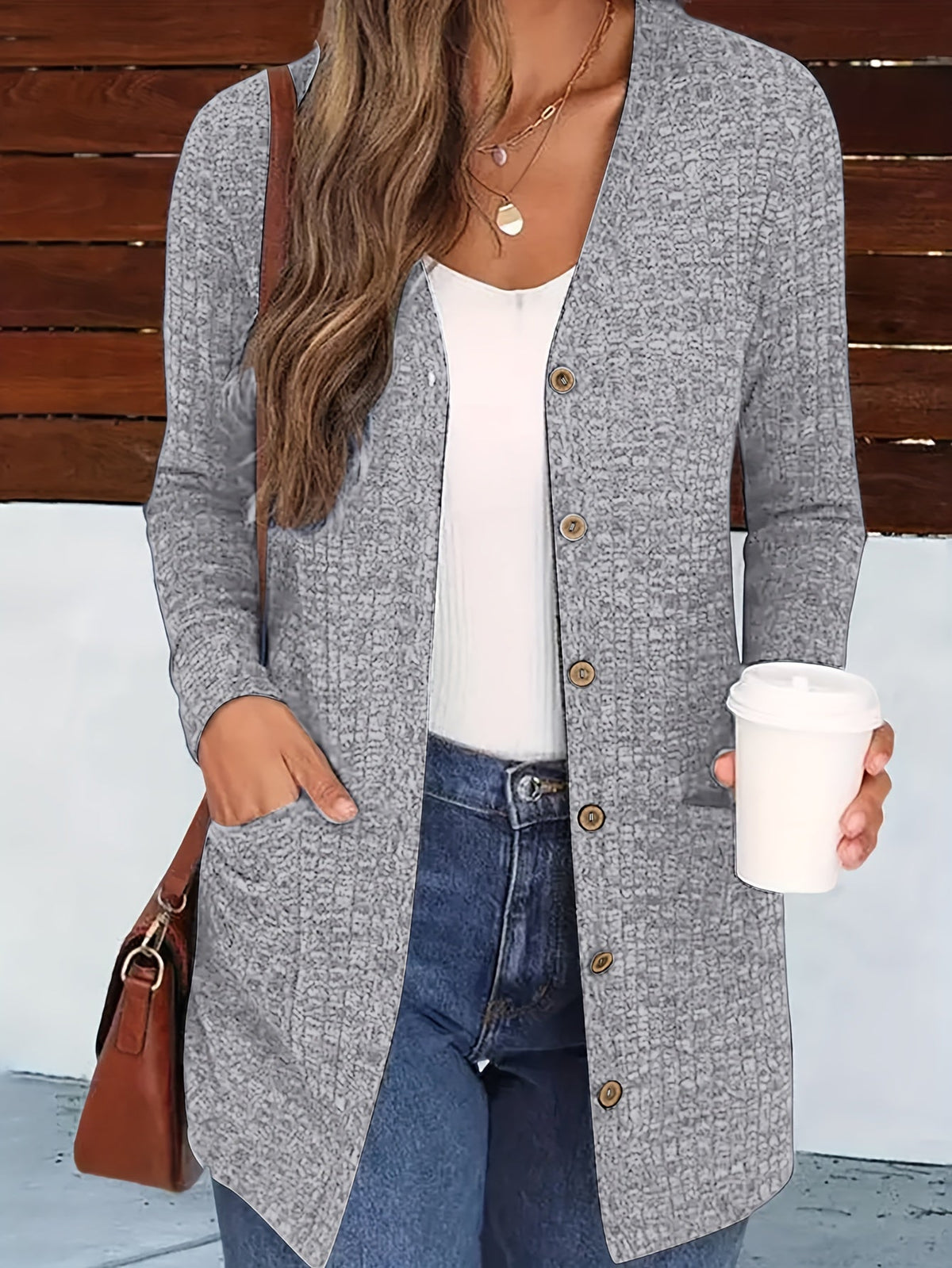 Women's V-Neck Button-Down Knit Cardigan with Pockets, Solid Color Fall Winter Sweater Coat S-XXL