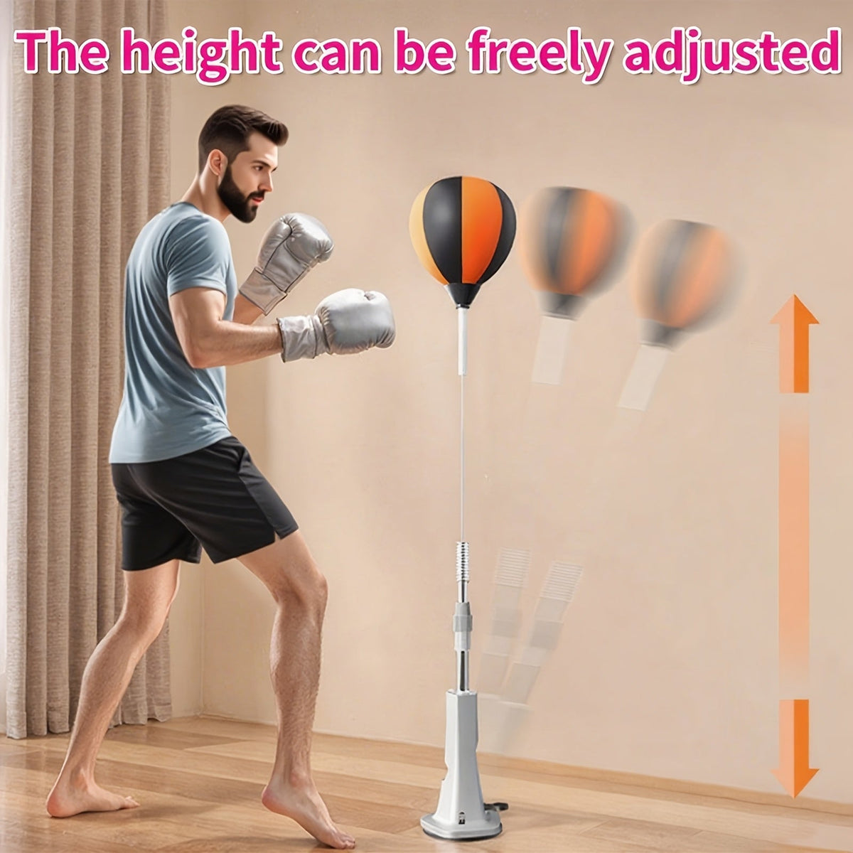 Boxing Reflex Ball on Stand – Freestanding Adjustable-Height Speed Bag for Reaction Training (Adults, Teens, Seniors) – Indoor Fitness Punching Ball with 3 Floor Anchors