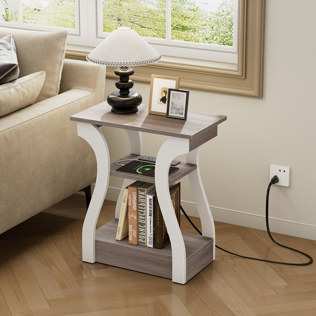 3-Tier Side Table with Charging Station – USB Port & Power Socket End Table for Bedroom Living Room Sofa Bedside Reading Afternoon Tea