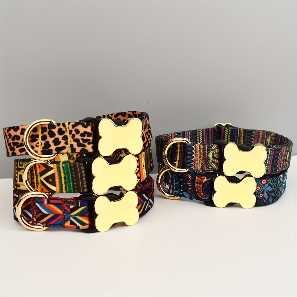 Adjustable Polyester Dog Collar with Metal Bone Charm – Stylish Colorful Pet Collar for Small to Large Dogs, Sizes XS S M L XL, 6 Colors