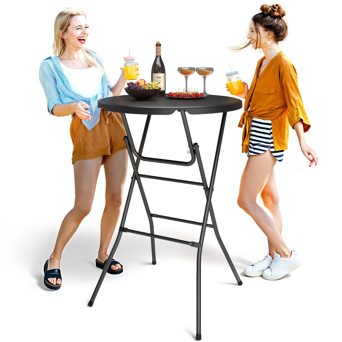 32-Inch Bar Height Round Folding Table – Portable Plastic Table Thickened Top Metal Frame Locking Legs for Parties Events Indoor & Outdoor in White & Black